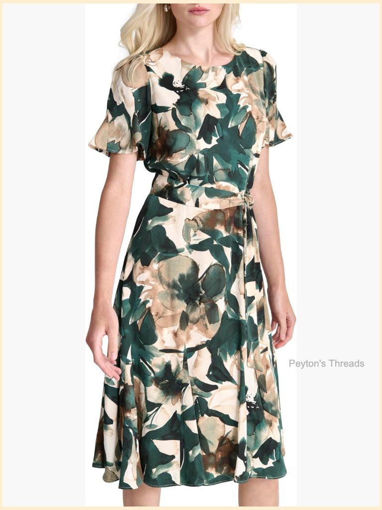 Flutter Sleeve Round Neck Waist Tie Midi Dress
